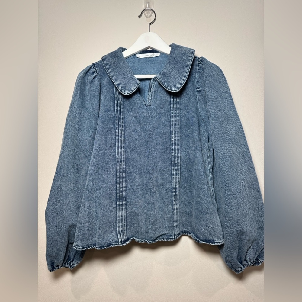 Alter'd State Denim Puff Sleeve Blouse Peter Pan Collar Size Small - Picture 2 of 8